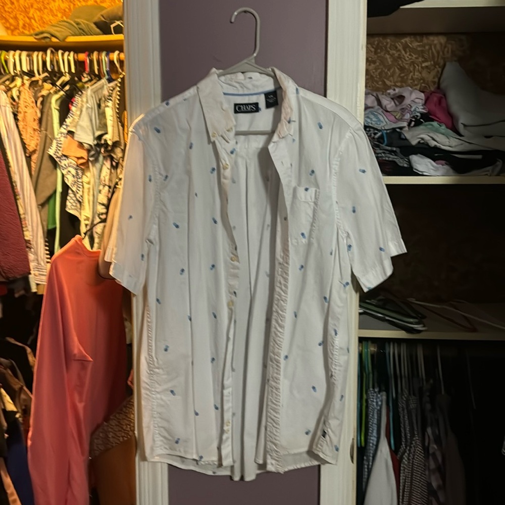 Large white pineapple button down shirt chaps